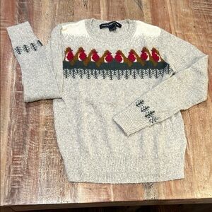French Connection Soft Grey Crewneck Sweater with Perched Birds Design